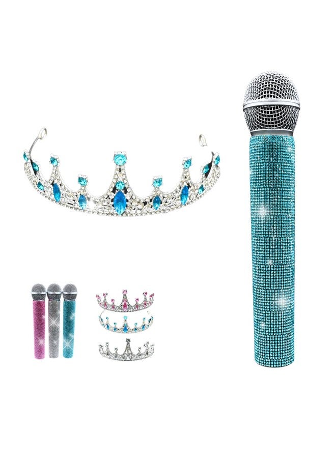 Simplurfi Fake Microphone Prop and Crystal Tiara Set - Sparkly Rhinestone Bling Girls Toy Mic & Crown for Halloween, Cosplay, Princess Dress-Up Gift, Birthday Parties & Kids Pretend Play (Silver) (Blue) - Image 1